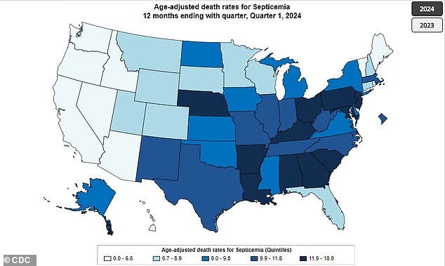 The map above shows the average sepsis death rates in each US state per 100,000 people.