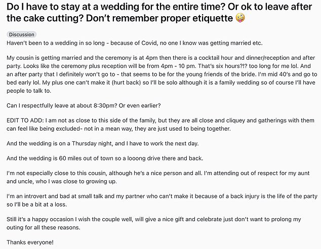 The anonymous woman, who is in her 40s, took to Reddit to ask people on the site whether it was acceptable to go home four hours after a wedding ceremony.