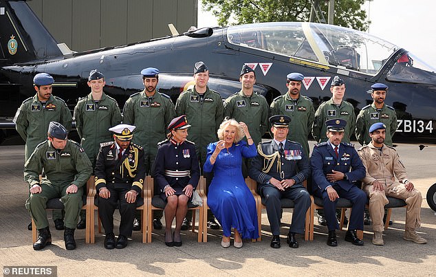 Camilla posed for a group photo with pilots from 11 Squadron of the Qatar Air Force during her visit to RAF Leeming.