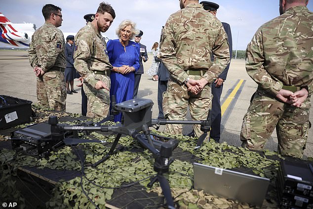 During her visit to the base, the Queen was shown drone surveillance equipment. Photographed during her excursion