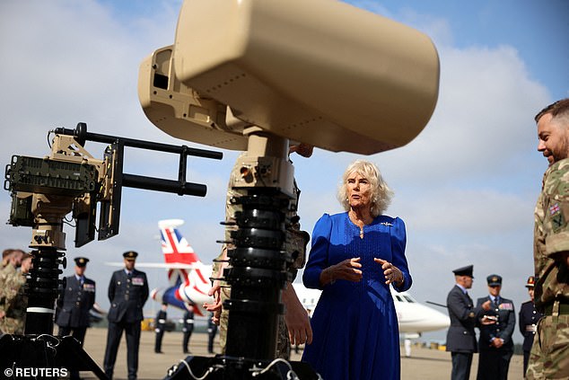 Camilla, pictured, looked impressed by the RAF crew and enjoyed her tour of the airfield.