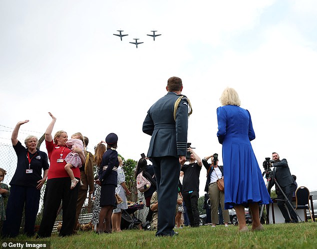 Camilla witnessed a flight during her visit to RAF Leeming airfield today. Pictured during the visit