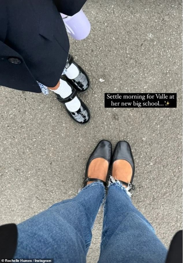 This Morning presenter Rochelle Humes, 35, shared a sweet snap of her and her daughter's feet with the caption: 'A peaceful morning for Valle at her big new school.'