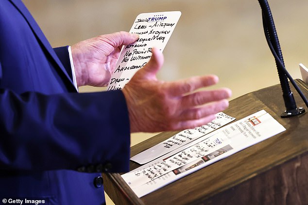 He spoke at length using index cards but did not take questions from reporters gathered there, except for those from DailyMail.com.