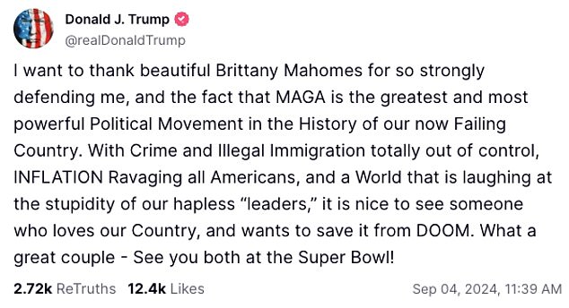 Trump later thanked Brittany for her support in a post shared on his social media channel Truth Social.