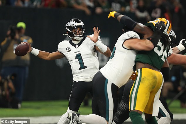 Jurgens passed the ball to quarterback Jalen Hurts too quickly, allowing Green Bay to pounce.