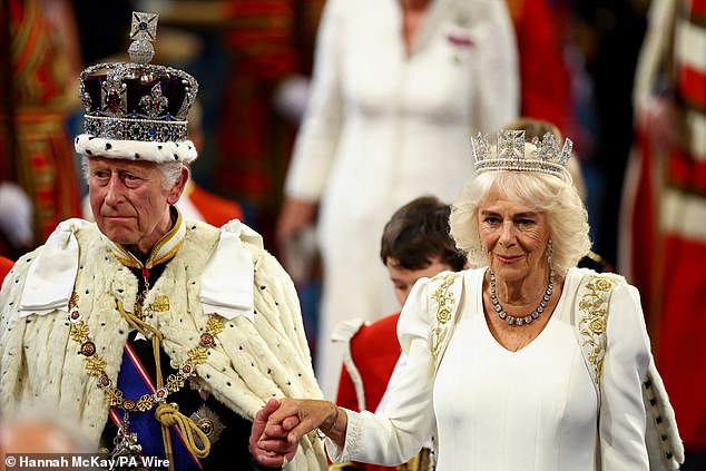 King Charles III and Queen Camilla, wearing the State Diadem of George IV, during the State Opening of Parliament on 17 July