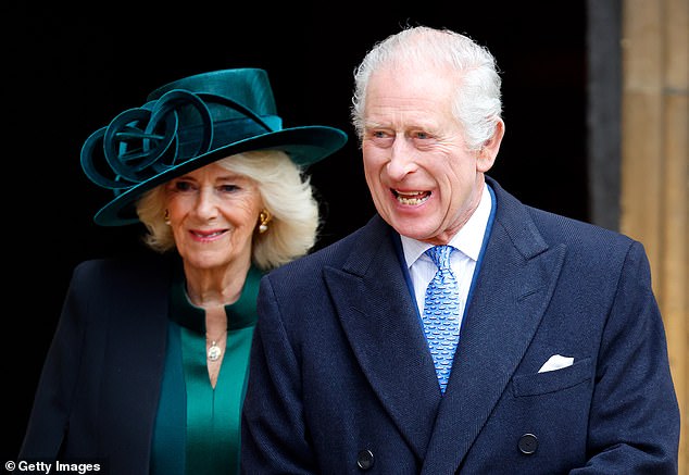 Queen Camilla and King Charles III attend the traditional Easter Sunday Matins service at St George's Chapel, Windsor Castle, on March 31.