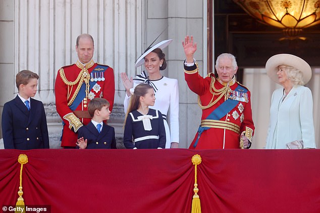 The Royal Family during the flag parade at Buckingham Palace on June 15