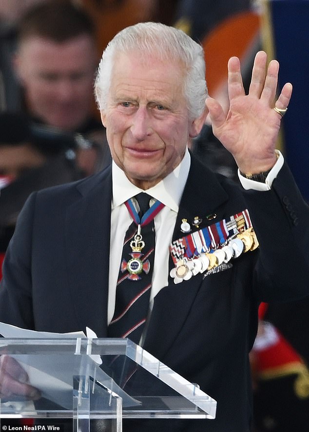 King Charles III on stage at the UK's national commemoration of the 80th anniversary of D-Day on 5 June