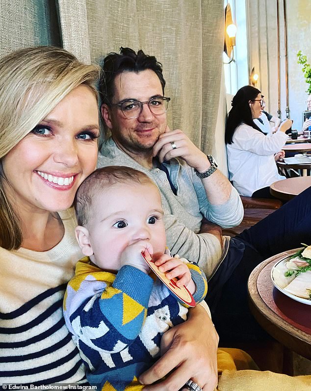 On Friday morning, Edwina revealed she had been diagnosed with cancer in an emotional on-air confession and will be taking some time off to be with her family before returning to Sunrise to work just two days a week. She is pictured with husband Neil Varcoe and son Thomas.