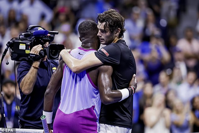 Fritz consoled Tiafoe at the net after their memorable encounter in New York on Friday night.