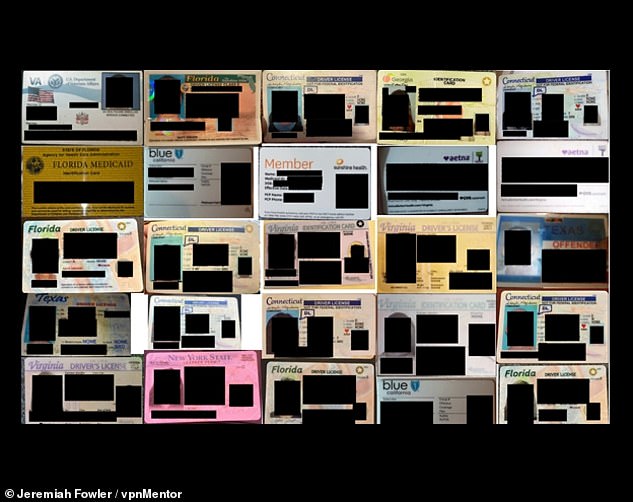 Above, a collage of redacted screenshots showing some of the insurance documents, driver's licenses and other state-issued identification that were publicly accessible.