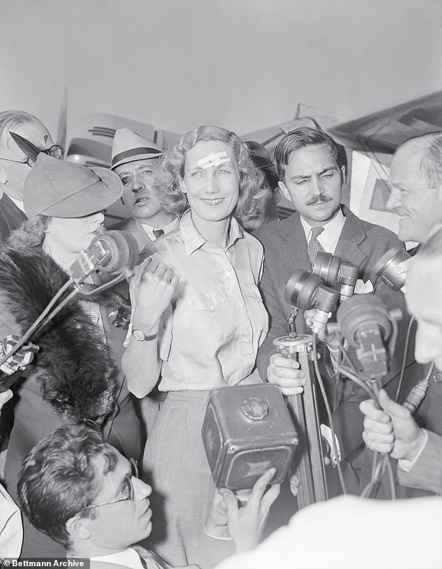 Beryl Markham speaks to the world's press after completing her flight across the Atlantic