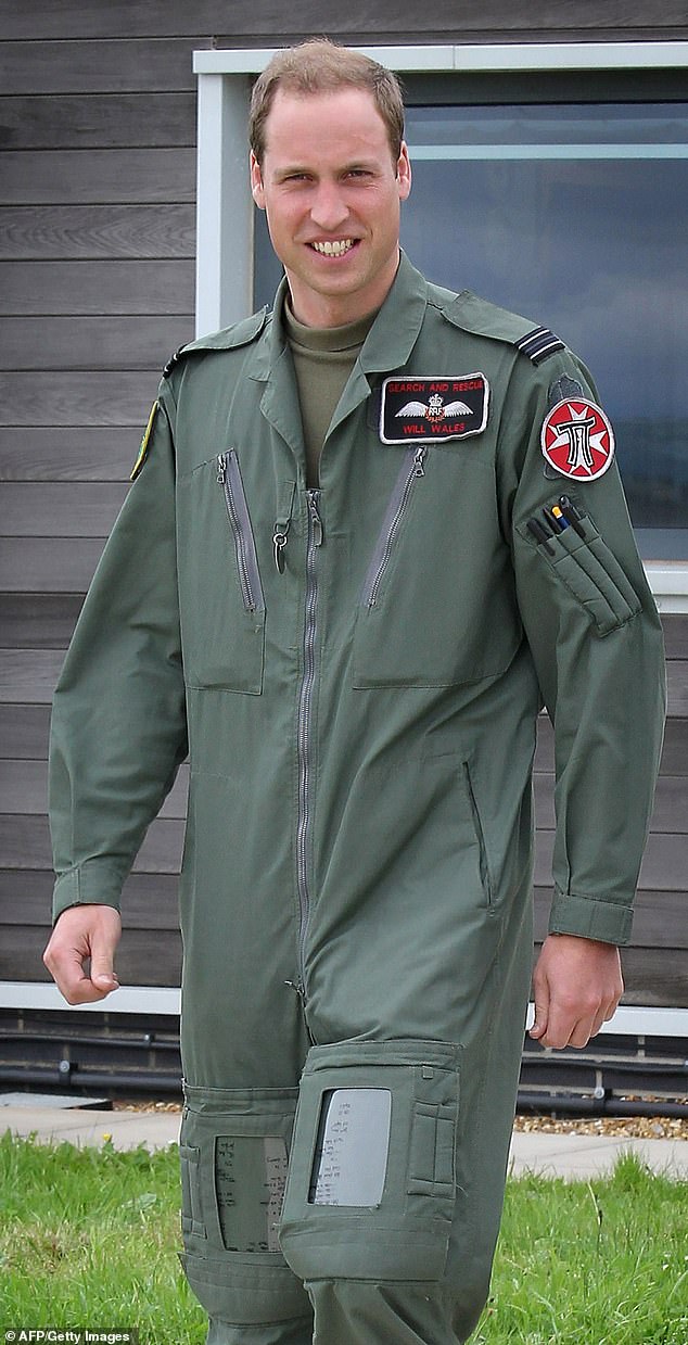 William was a Sea King search and rescue pilot based at RAF Valley in Wales. Above: in uniform at RAF Valley during his father's visit to the base, July 2012