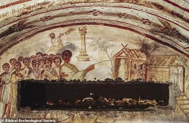 In one painting, Jesus holds a rod over the corpse of Lazarus before performing the miracle of resurrecting him. This image was painted in the 4th century, although the exact date is unknown, and was found in the Catacomb of the Via Latina in Rome.