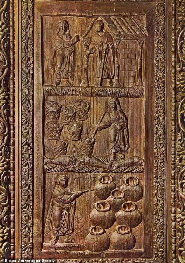 On the door of the Church of Santa Sabina in Rome, there is a carving showing Jesus using a wand to raise Lazarus from the dead and turn water into wine. The carving was created on a wooden door in 432 AD and is on display in the Church of Santa Sabina in Rome.