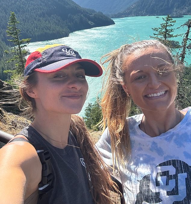 Jessee Clauson (right), 29, and Camille Avarella, 28, were descending Longs Peak in the Rocky Mountains when they caught the lanky grey creature on camera.