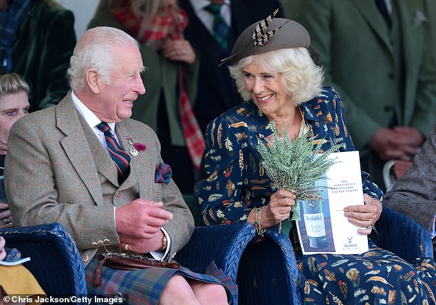 King Charles III and Queen Camilla attend The Braemar Gathering 2024 at the Princess Royal and Duke of Fife Memorial Park on September 7, 2024 in Braemar, Scotland.