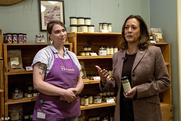 Democratic presidential candidate Vice President Kamala Harris, right, is seen during a campaign stop at Penzeys Spices in Pittsburgh.