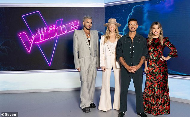 The source claimed that one possible reason for Guy's irritable behaviour on set was the different level of production quality at Seven compared to when the show aired on Channel Nine. Guy is pictured with fellow Voice contestant Adam Lambert, LeAnn Rimes and Kate Miller-Heidke.