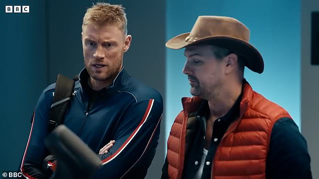 English cricketer and former presenter Flintoff was seriously injured in an accident while filming the show at Dunsfold Airfield in December 2022, where a three-wheeled car overturned (pictured: Freddie Flintoff and comedian Paddy McGuinness on the BBC drive-in show)