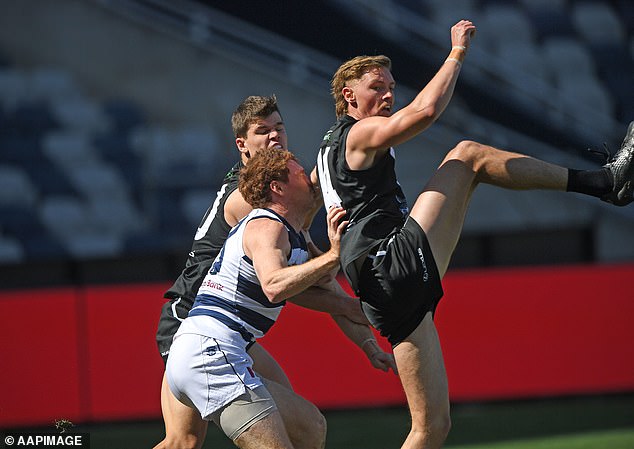 Rohan was accidentally elbowed in the face (pictured) in the first quarter of the Cats' VFL semi-final defeat while trying to return to the senior team for the AFL finals.