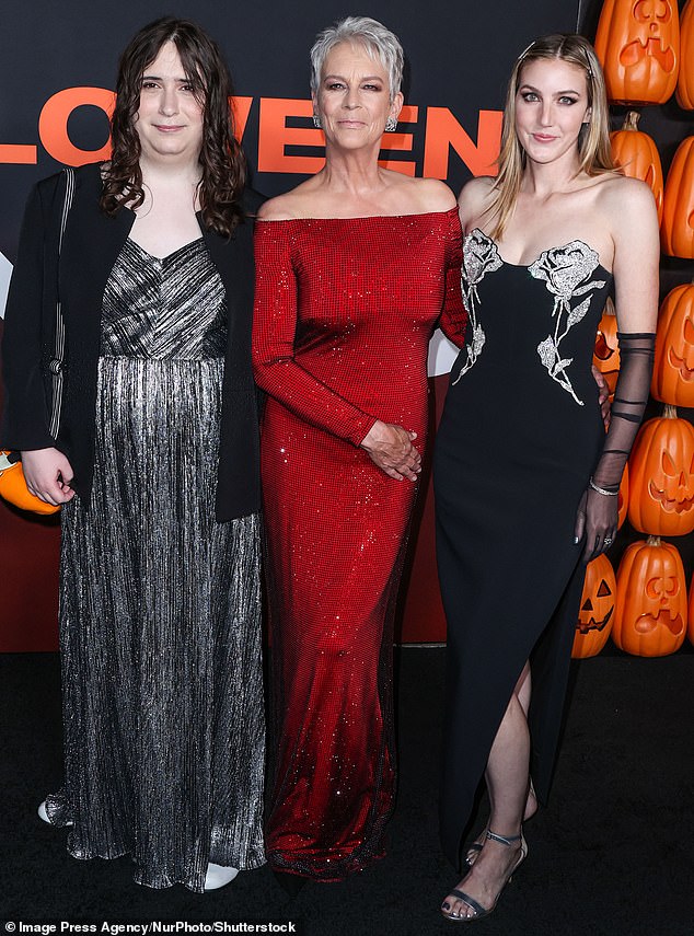 Actress Jamie Lee Curtis with her daughters Ruby, left, who was born Tom, and Annie at the premiere of Halloween Ends in 2022