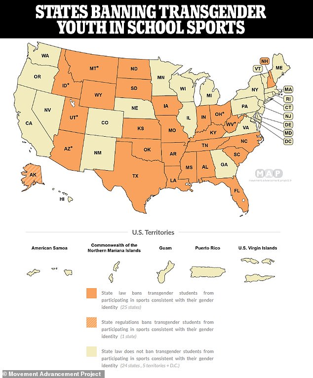 The map above shows states that have banned transgender youth from participating in sports outside of the gender they were assigned at birth.