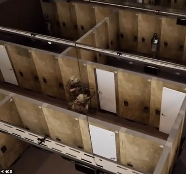 Soldiers are seen preparing to enter a room where an AI robot lies on the other side.