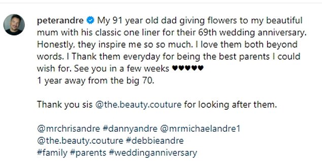 Peter wrote alongside the video: 'My 91 year old dad gifts my beautiful mom flowers with his classic quote for their 69th wedding anniversary. 'Honestly, they inspire me so much.'