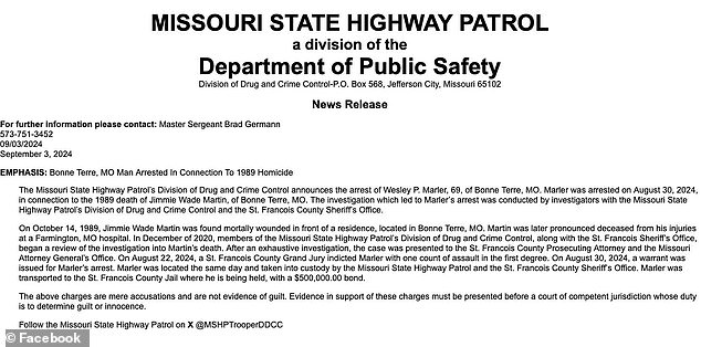 Last month, the Missouri State Highway Patrol's Drug and Crime Enforcement Division arrested a suspect, Wesley P. Marler, 69. He has denied the charge.