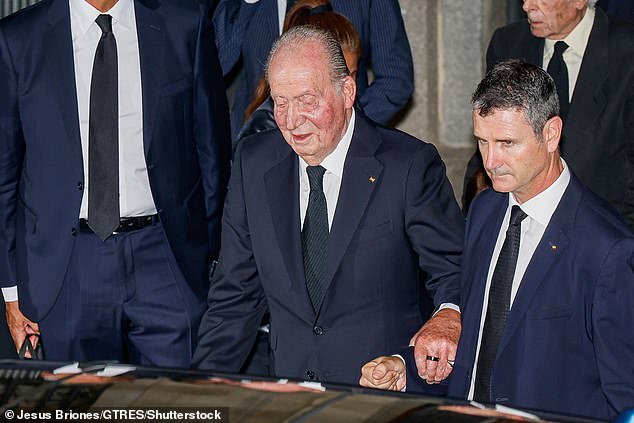 King Juan Carlos I (pictured), 86, attended the funeral of his nephew Juan Gómez-Acebo, who died aged 54 after a battle with cancer