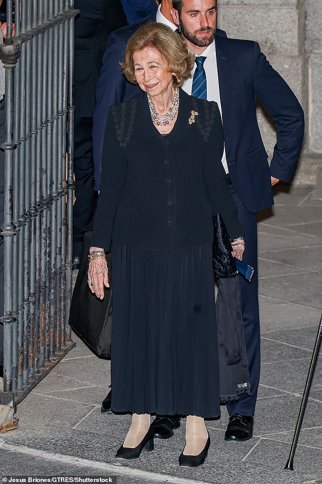 Spain's Queen Sofia (pictured), 85, mother of King Felipe, was also present at the Cathedral of the Armed Forces in Madrid.