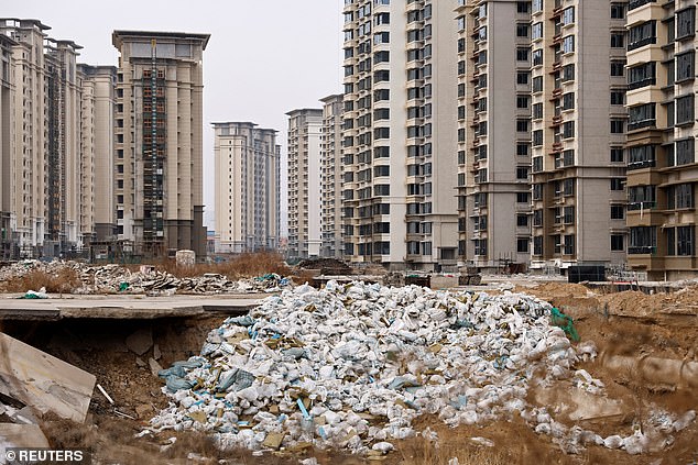 Apartment building giant Evergrande (Hebei province apartments, pictured) was liquidated earlier this year, on the orders of a Hong Kong court, and Country Garden, another developer of mega apartment towers, faces a similar fate.