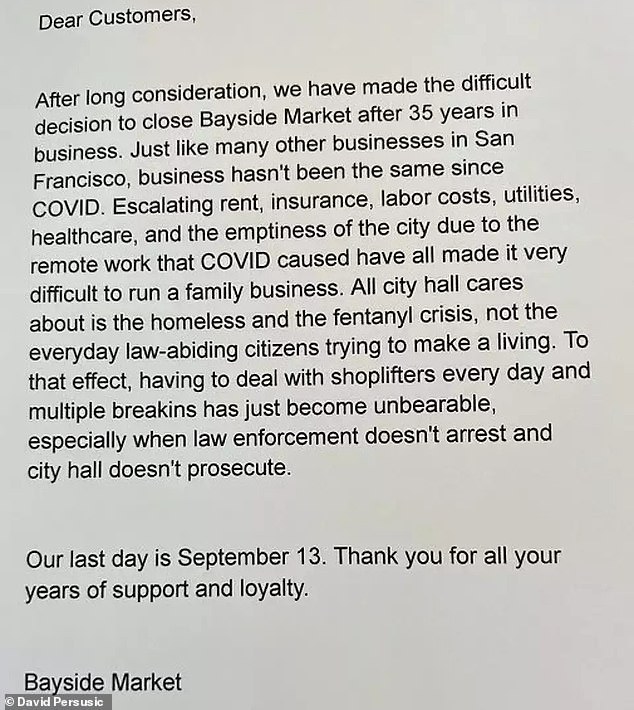 In a letter to customers posted on the doorstep, David Pesusic expanded on his comments and explained his reasons for closing after more than three decades in business.