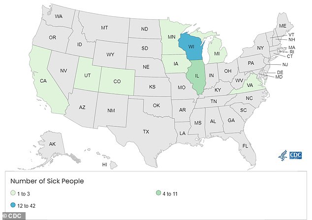 State officials said 42 of the infections occurred in Wisconsin, where a large number of people said they became ill after eating eggs at restaurants.