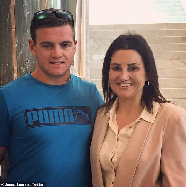 Senator Lambie is pictured with her son Dylan in 2016. She previously thanked him for looking after her when her mental health deteriorated.