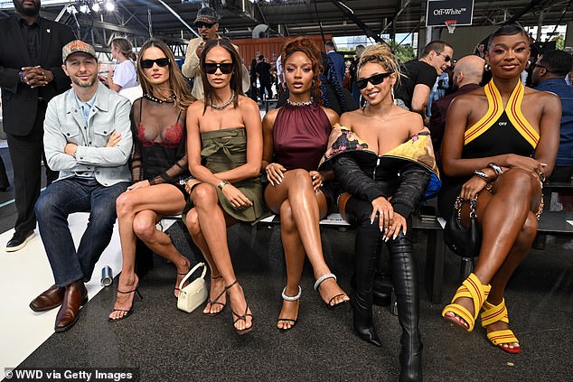 Later that night, Alessandra sat front row for Off-White's debut New York Fashion Week show at Brooklyn Bridge Park (pictured, L to R: Derek Blasberg, Alessandra, Joan Smalls, Ayra Starr, Tinashe and Coco Jones).