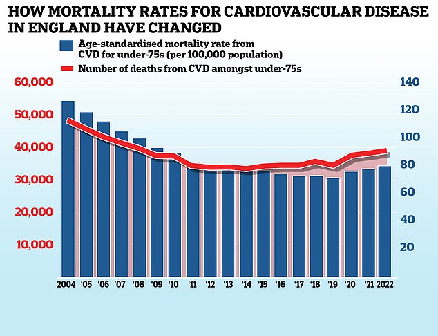 This chart shows the death rate from cardiovascular disease in people under 75 in England (blue bars), which is the number of deaths per 100,000 people, as well as the total number of deaths (red line). Medical advances and advanced screening techniques helped to reduce these figures from 2004 onwards, but progress began to stall in the early 2010s before reversing in recent years of data.