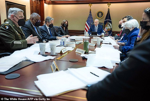 US President Joe Biden (C) meets with the National Security Council on the crisis between Ukraine and Russia, in the Situation Room of the White House in Washington, DC, February 24, 2022.