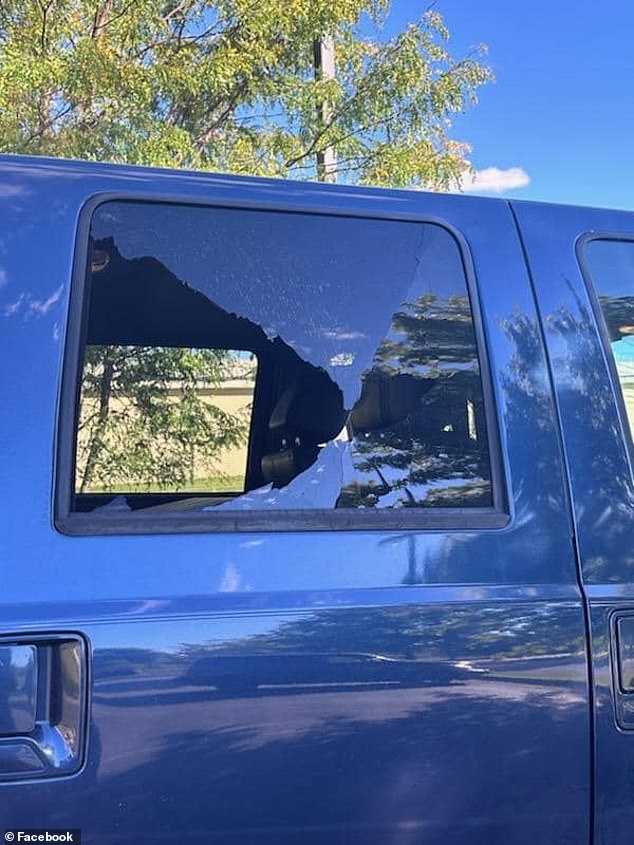 A window is seen here shattered by the hail of gunfire toward Couch, who remains at large and may still be armed, police said Sunday.