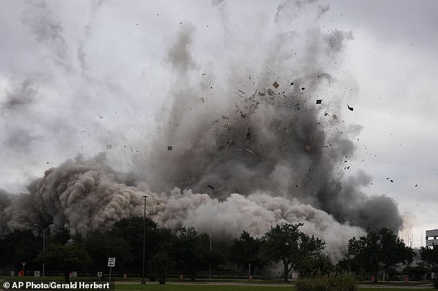 The building had been a dominant feature of the Lake Charles cityscape for more than four decades. But after Hurricanes Laura and Delta hit the city in 2020, causing an estimated $167 million in damage to the skyscraper, the Hertz Tower became an eyesore. Pictured here is the moment the building imploded on Saturday.