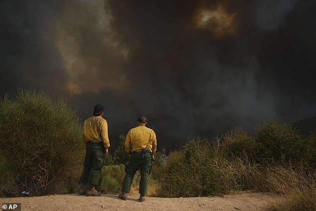 Fire crews monitor the Line Fire, Saturday, Sept. 7, 2024, in Running Springs