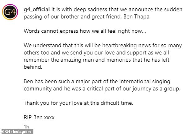 The group's Instagram account revealed the devastating news with sad posts alongside photos of Ben.