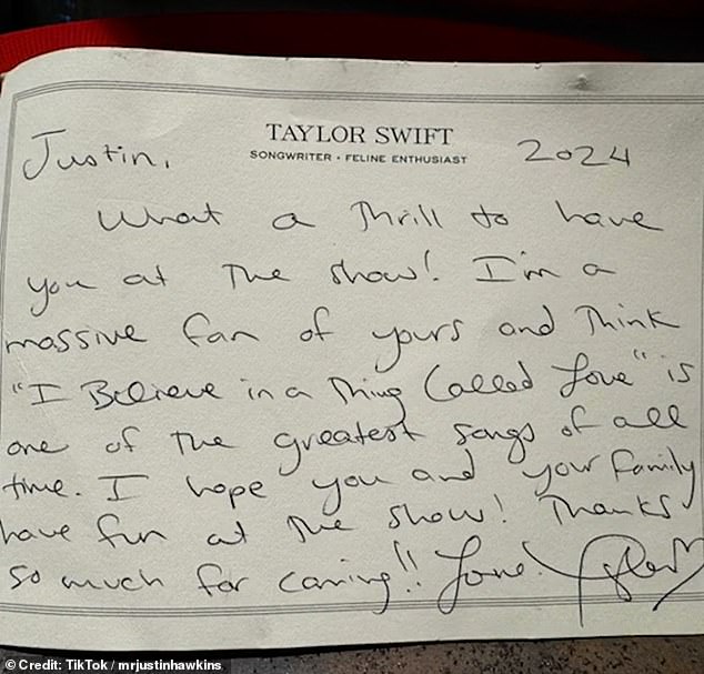 As the clip began, Justin revealed that he had seen Taylor's Eras Tour show in Zurich weeks earlier, and how a personalized note from the singer saying she was a fan of the song had surprised his daughter.