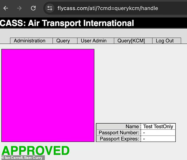 Carrol and Curry reported that they were able to upload a fake airline employee, named 'Test TestOnly' (above), and were able to authorize fake access to both KCM and CASS.