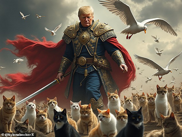 Another AI image shows the former president wielding a sword and armor behind his animal friends.