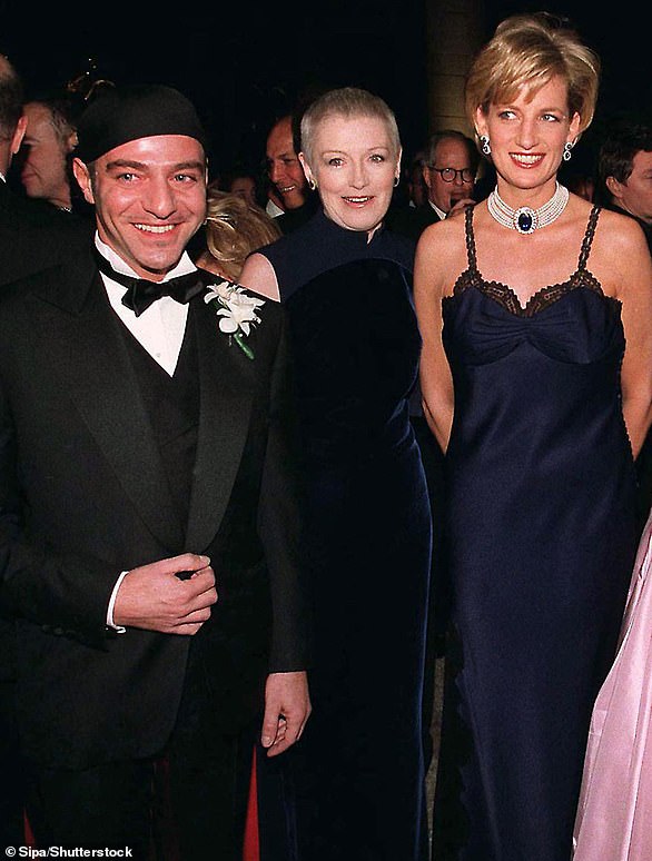 John Galliano's first couture client was Princess Diana, whom he dressed for the Met Gala in 1996 in a silk negligee-trimmed gown (pictured with fashion editor Liz Tilberis)