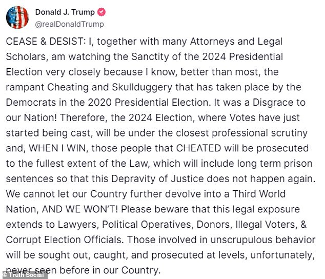 Donald Trump, in a post on Truth Social this weekend, indicated that he believes the 2024 election will be stolen from him.